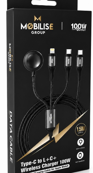 100W 4-in-1 Multi Fast Charging Cable (1.5m) | Type-C, Lightning & Smartwatch Magnetic Charger