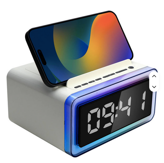 5-in-1 Digital Alarm Clock Speaker with Wireless Charger, RGB Ambient Light & Phone Stand