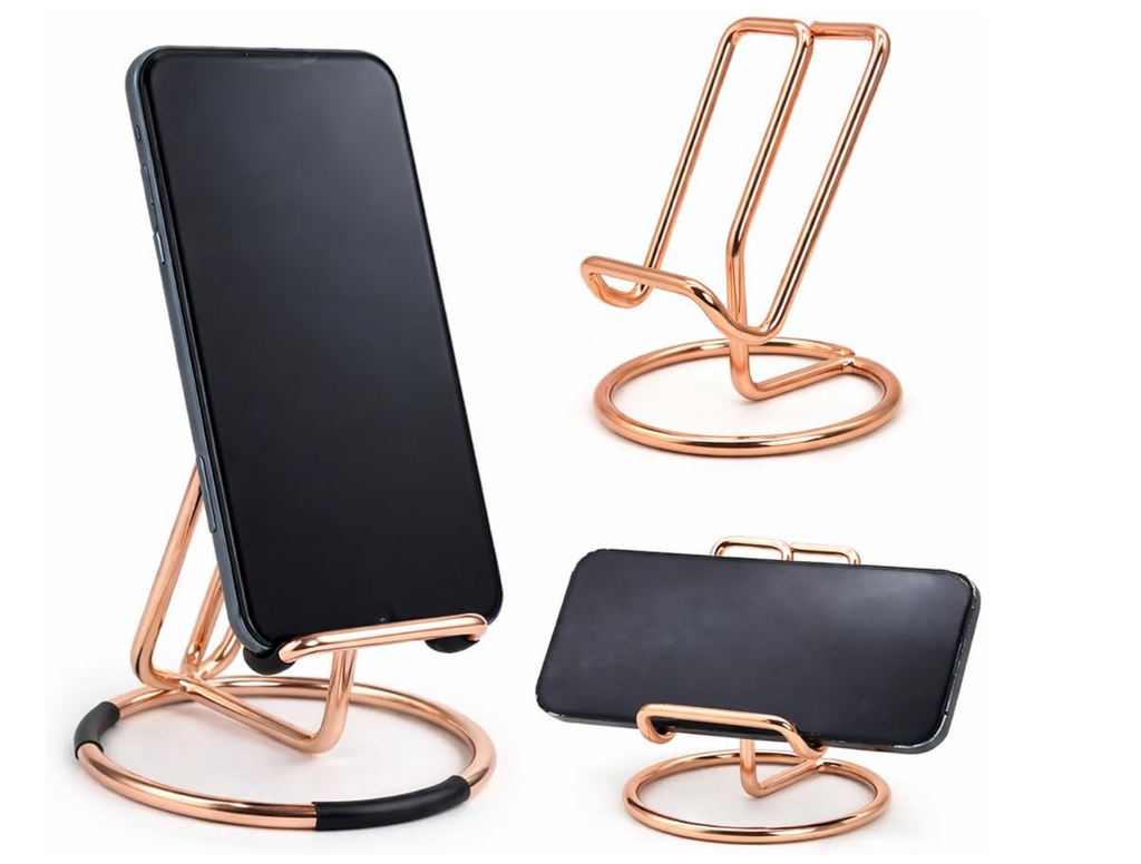 Rose Gold Cell Phone Stand for Desk  – Metal Mobile Phone Holder Compatible with iPhone, iPad, Switch & All Smartphones
