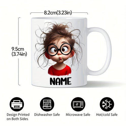 Personalized "Silly Messy Hair Girl with Round Glasses" Ceramic Coffee Mug – Custom Name Funny Cartoon Character & Quirky Novelty Cup (M1171)