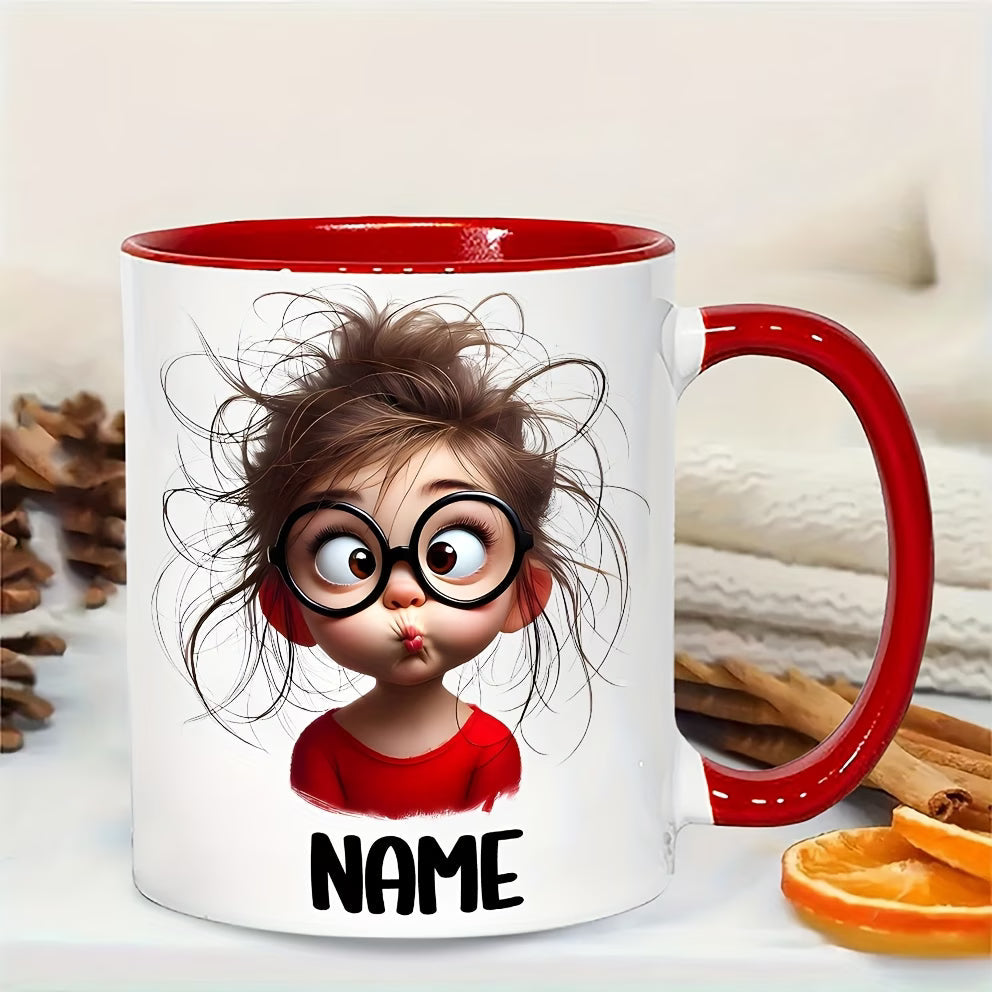Personalized "Silly Messy Hair Girl with Round Glasses" Ceramic Coffee Mug – Custom Name Funny Cartoon Character & Quirky Novelty Cup (M1171)