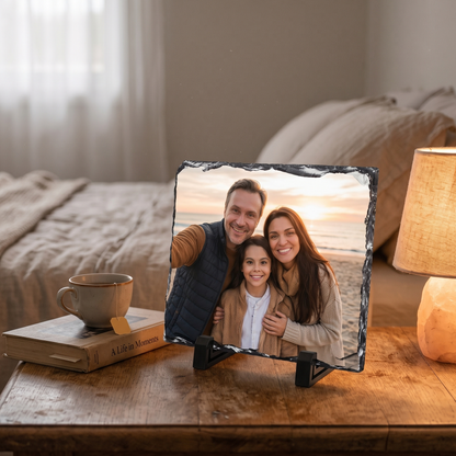 Custom Earth-Cut Slate Plaque, Chiseled Natural Rock Edge Portrait Plinth for Memories & Photos (S1001)