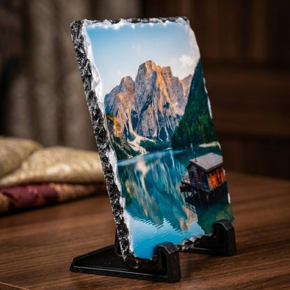 Custom Earth-Cut Slate Plaque, Chiseled Natural Rock Edge Portrait Plinth for Memories & Photos (S1001)