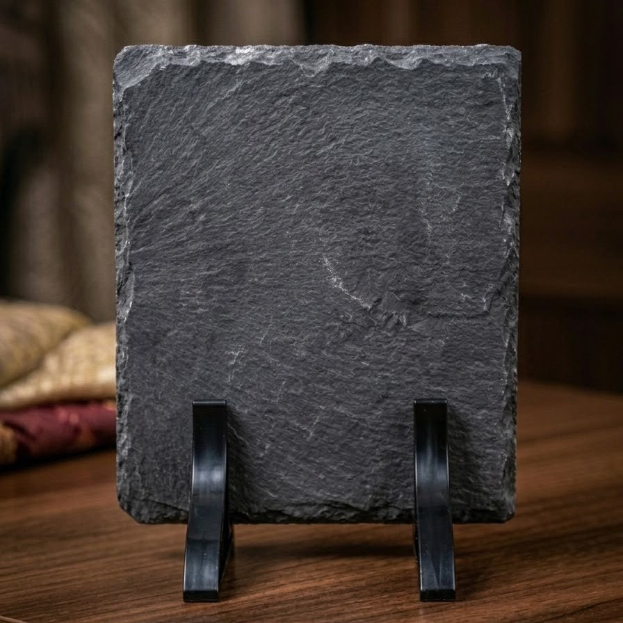 Custom Earth-Cut Slate Plaque, Chiseled Natural Rock Edge Portrait Plinth for Memories & Photos (S1001)