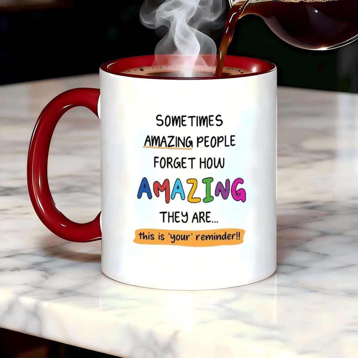 Personalized "Sometimes Amazing People Forget" Ceramic Coffee Mug – Inspirational Quote, Colorful Typography & Uplifting Novelty Cup (M1181)