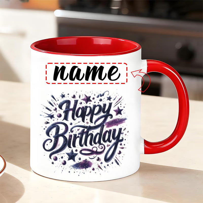 Personalized "Starry Night Happy Birthday" Ceramic Coffee Mug – Custom Name Elegant Purple Script, Stars & Festive Novelty Cup (M1183)