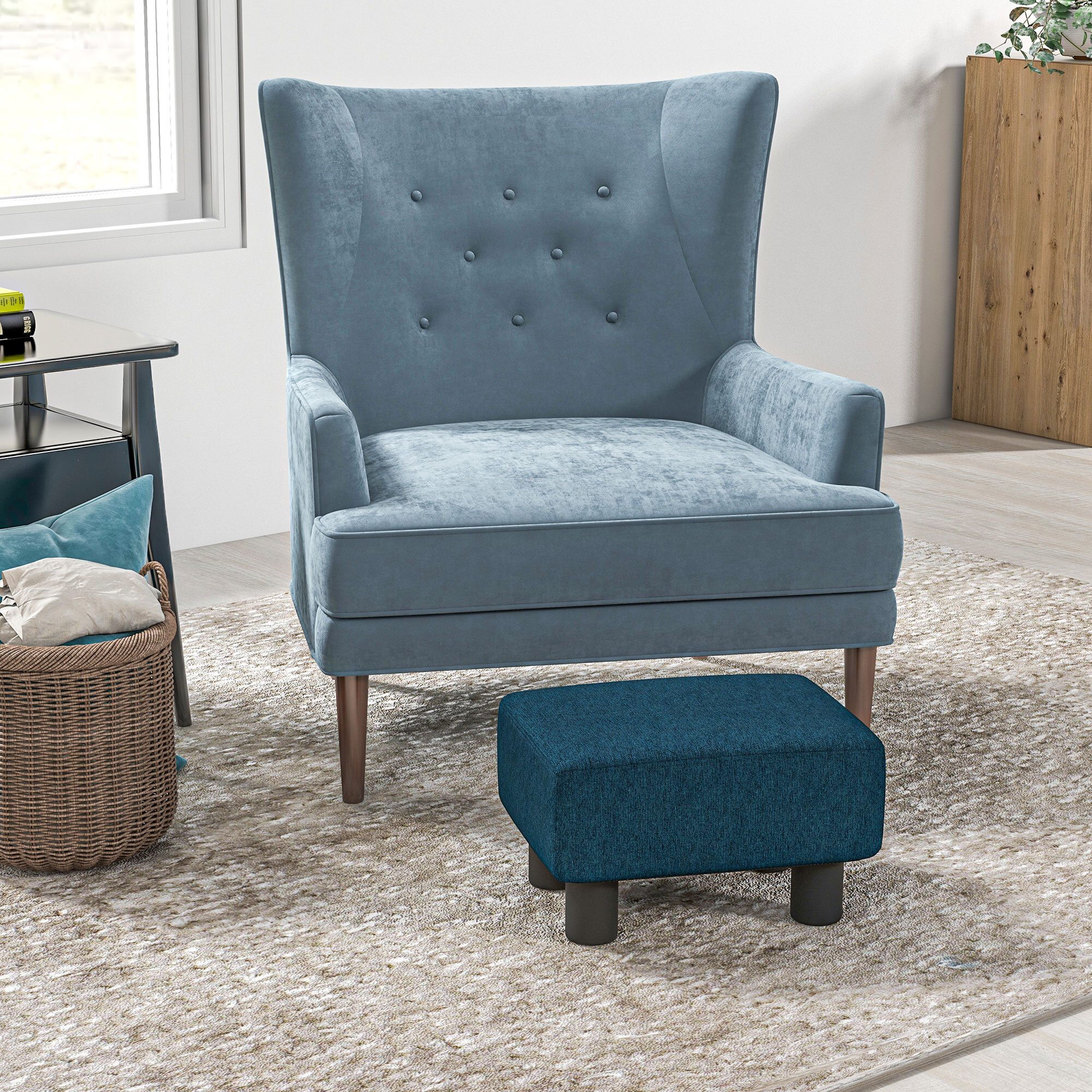 HOMCOM Chic Linen Fabric Footstool Ottoman Cube with 4 Plastic Legs Blue