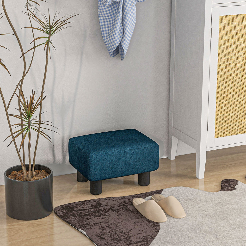 HOMCOM Chic Linen Fabric Footstool Ottoman Cube with 4 Plastic Legs Blue
