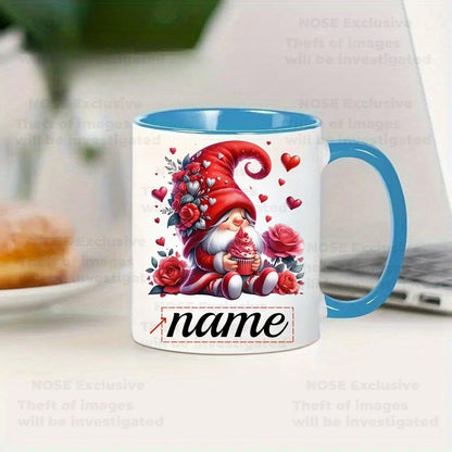 Personalized "Valentine Gnome with Cupcake & Roses" Ceramic Coffee Mug – Custom Name Romantic Gnome, Love & Sweet Treats Novelty Cup (M1155)