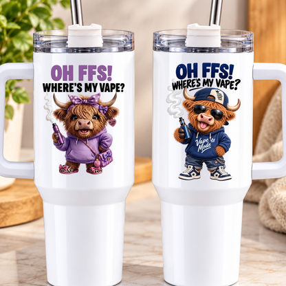 Funny Highland Cow 40oz Tumbler “OH FFS! Where’s My V?” – Boy & Girl Designs | Large White Reusable Travel Cup with Handle & Straw | Cheeky & Sarcastic Gift for Him, Her, Friends & Couples | Fast Dispatch by UK Seller (T1001)