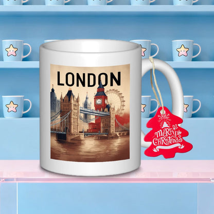 Personalized "Vintage London Skyline & Merry Christmas" Ceramic Coffee Mug – London Landmarks, Festive Holiday Tag & British Souvenir Novelty Cup (M1194)