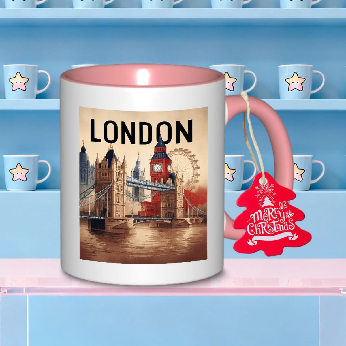 Personalized "Vintage London Skyline & Merry Christmas" Ceramic Coffee Mug – London Landmarks, Festive Holiday Tag & British Souvenir Novelty Cup (M1194)