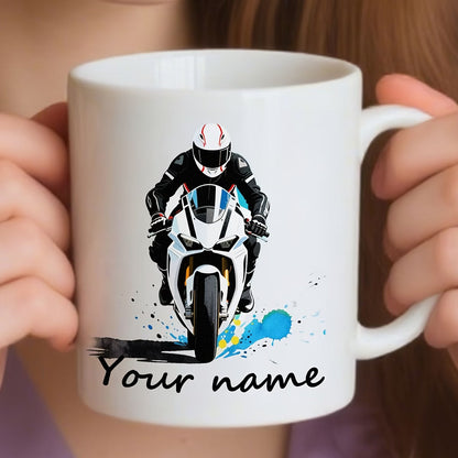 Personalized "White Superbike" Motorcycle Ceramic Coffee Mug – Custom Name Sports Bike Racing Novelty Cup (M1103)