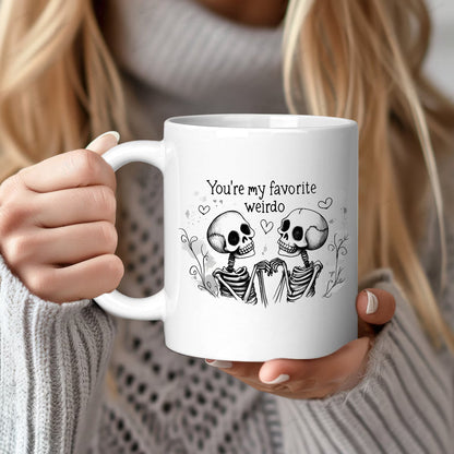Cute "You're My Favorite Weirdo" Skeletons Ceramic Coffee Mug – Romantic & Spooky Couple Novelty Cup with Black Accent (M1108)