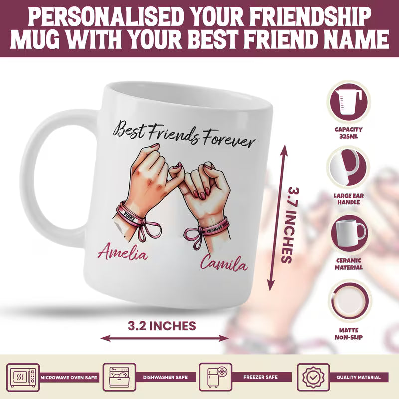 Personalized "Best Friends Forever" Pinky Promise Ceramic Coffee Mug – Custom Names Bestie Friendship Gift Cup (M1052)