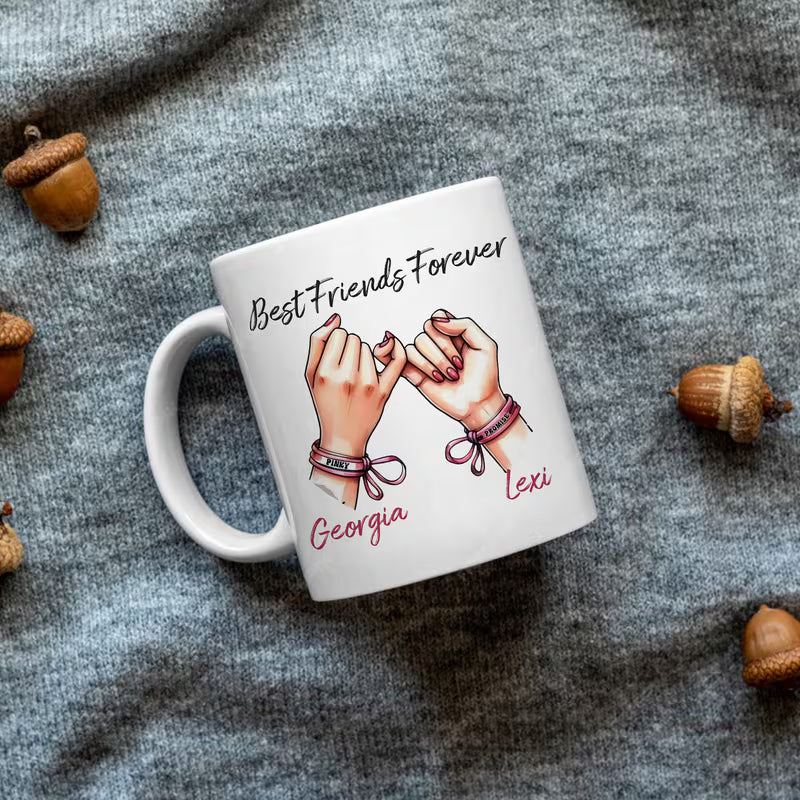 Personalized "Best Friends Forever" Pinky Promise Ceramic Coffee Mug – Custom Names Bestie Friendship Gift Cup (M1052)