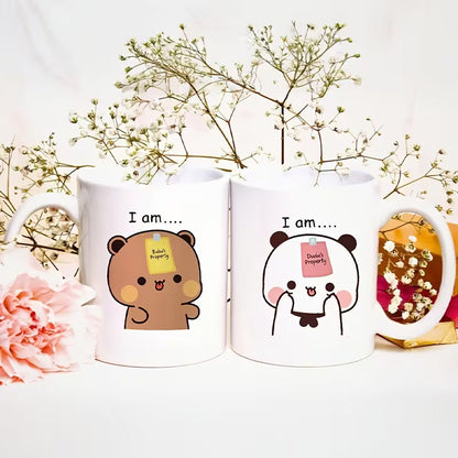 Cute Matching Set of 2 "Bubu & Dudu" Couple Ceramic Coffee Mugs – Funny Sweetheart Property Couple Gift Cups (M1053)