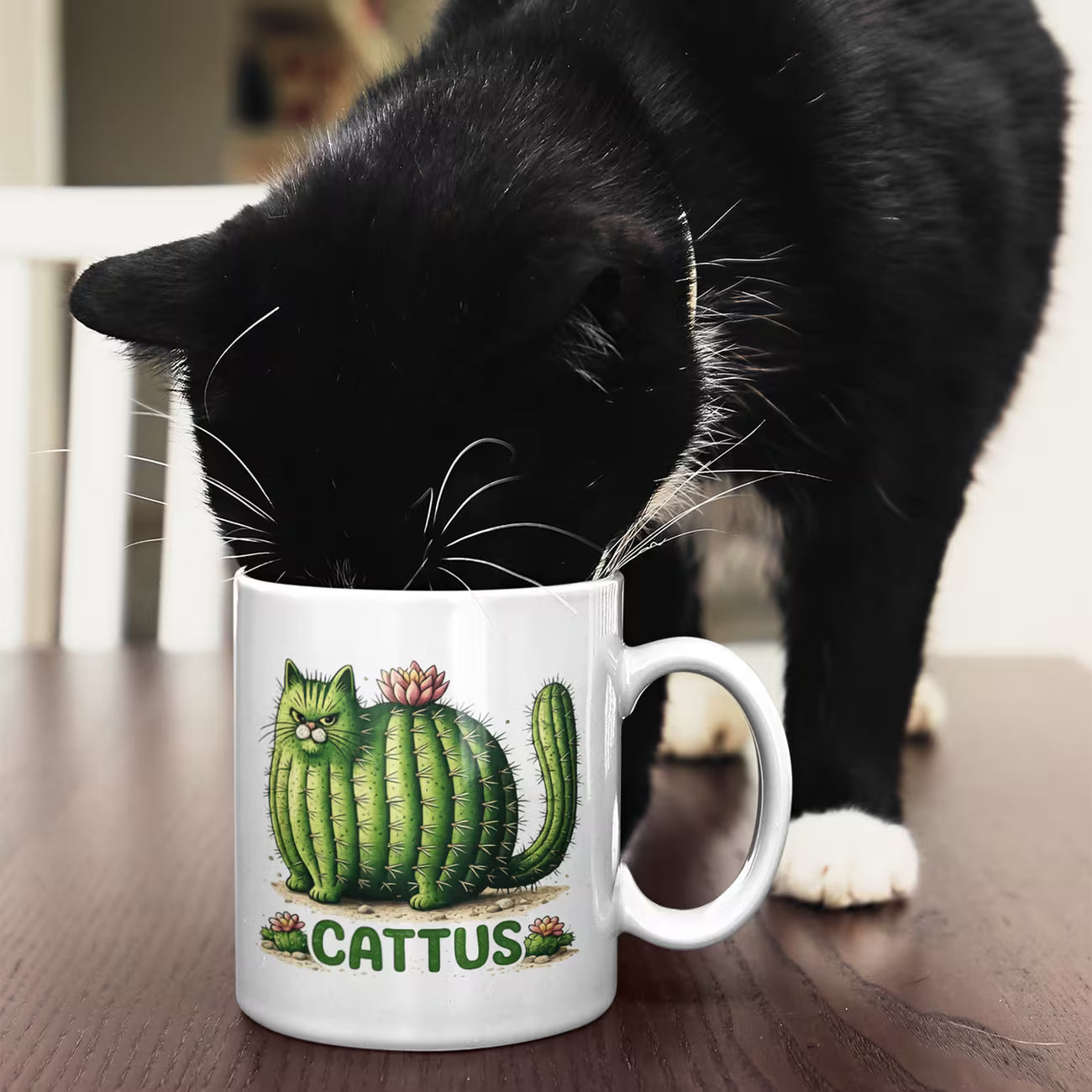 Funny "CATTUS" Cactus Cat Ceramic Coffee Mug – Cute Prickly Kitty Plant Pun Novelty Cup (M1063)