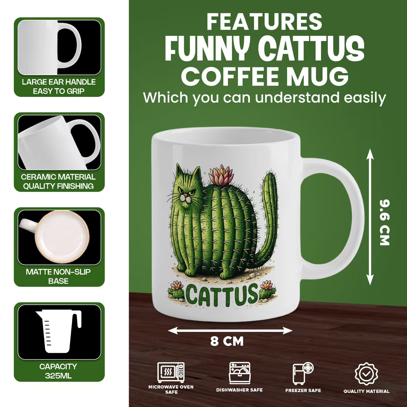 Funny "CATTUS" Cactus Cat Ceramic Coffee Mug – Cute Prickly Kitty Plant Pun Novelty Cup (M1063)