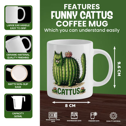 Funny "CATTUS" Cactus Cat Ceramic Coffee Mug – Cute Prickly Kitty Plant Pun Novelty Cup (M1063)