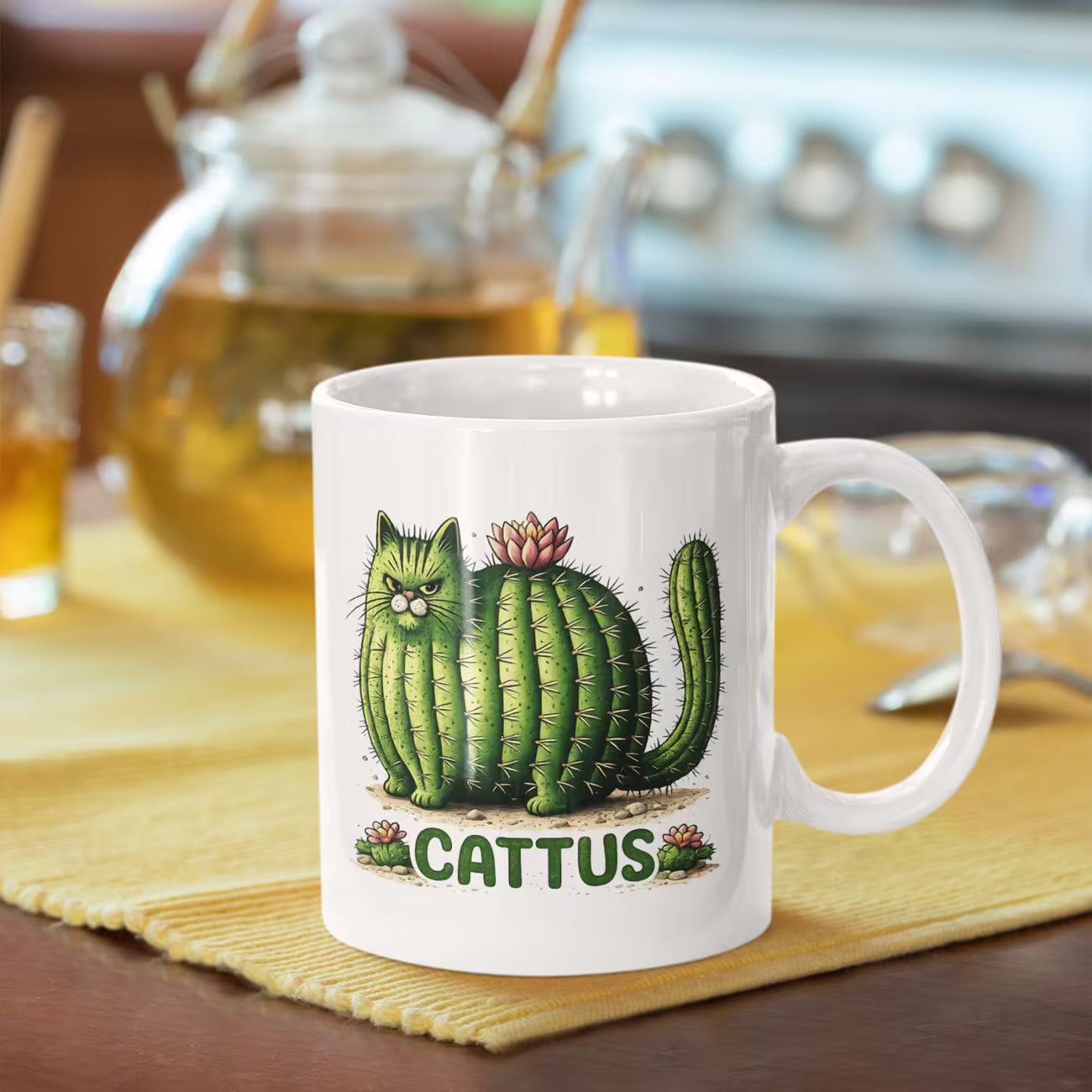 Funny "CATTUS" Cactus Cat Ceramic Coffee Mug – Cute Prickly Kitty Plant Pun Novelty Cup (M1063)