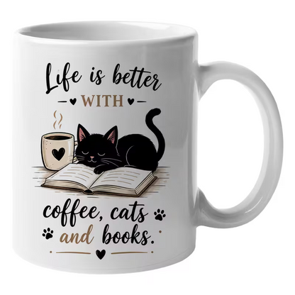 Cozy "Life Is Better With Coffee, Cats And Books" Cute Black Cat Ceramic Coffee Mug – Book Lover & Feline Novelty Cup (M1072)