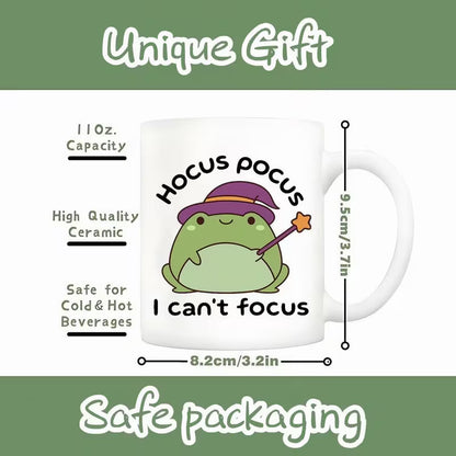 Funny "Hocus Pocus I Can't Focus" Cute Witch Frog Ceramic Coffee Mug – Witty Novelty Cup (M1034)