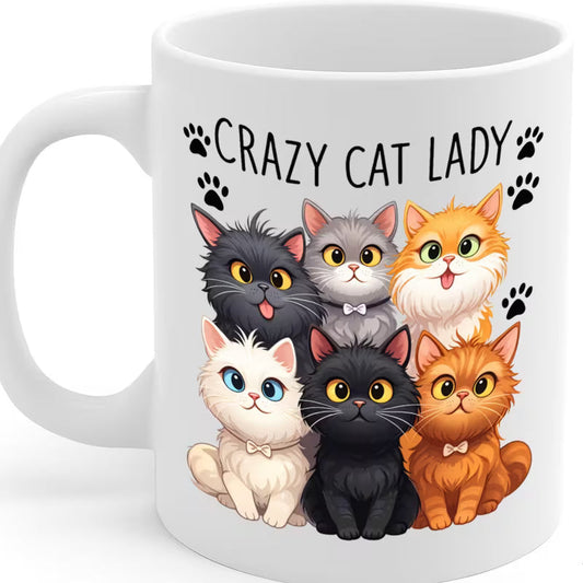 Funny "Crazy Cat Lady" Novelty Coffee Mug | Cute Cartoon Cats Graphic Ceramic Tea Cup – Perfect Gift for Cat Lovers (M1001)