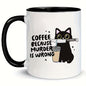 Funny "Coffee Because Murder Is Wrong" Black Cat Ceramic Coffee Mug – Black Rim & Handle Novelty Tea Cup 11oz (M1009)