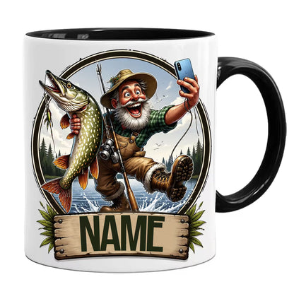 Personalized "Fishing Selfie" Fisherman Ceramic Black Coffee Mug – Custom Name Angler Gag Gift Cup (M1067)