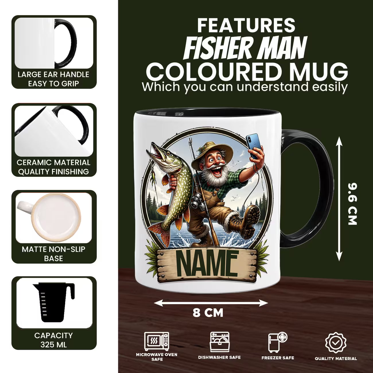 Personalized "Fishing Selfie" Fisherman Ceramic Black Coffee Mug – Custom Name Angler Gag Gift Cup (M1067)