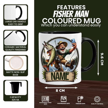 Personalized "Fishing Selfie" Fisherman Ceramic Black Coffee Mug – Custom Name Angler Gag Gift Cup (M1067)