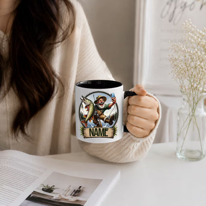 Personalized "Fishing Selfie" Fisherman Ceramic Black Coffee Mug – Custom Name Angler Gag Gift Cup (M1067)