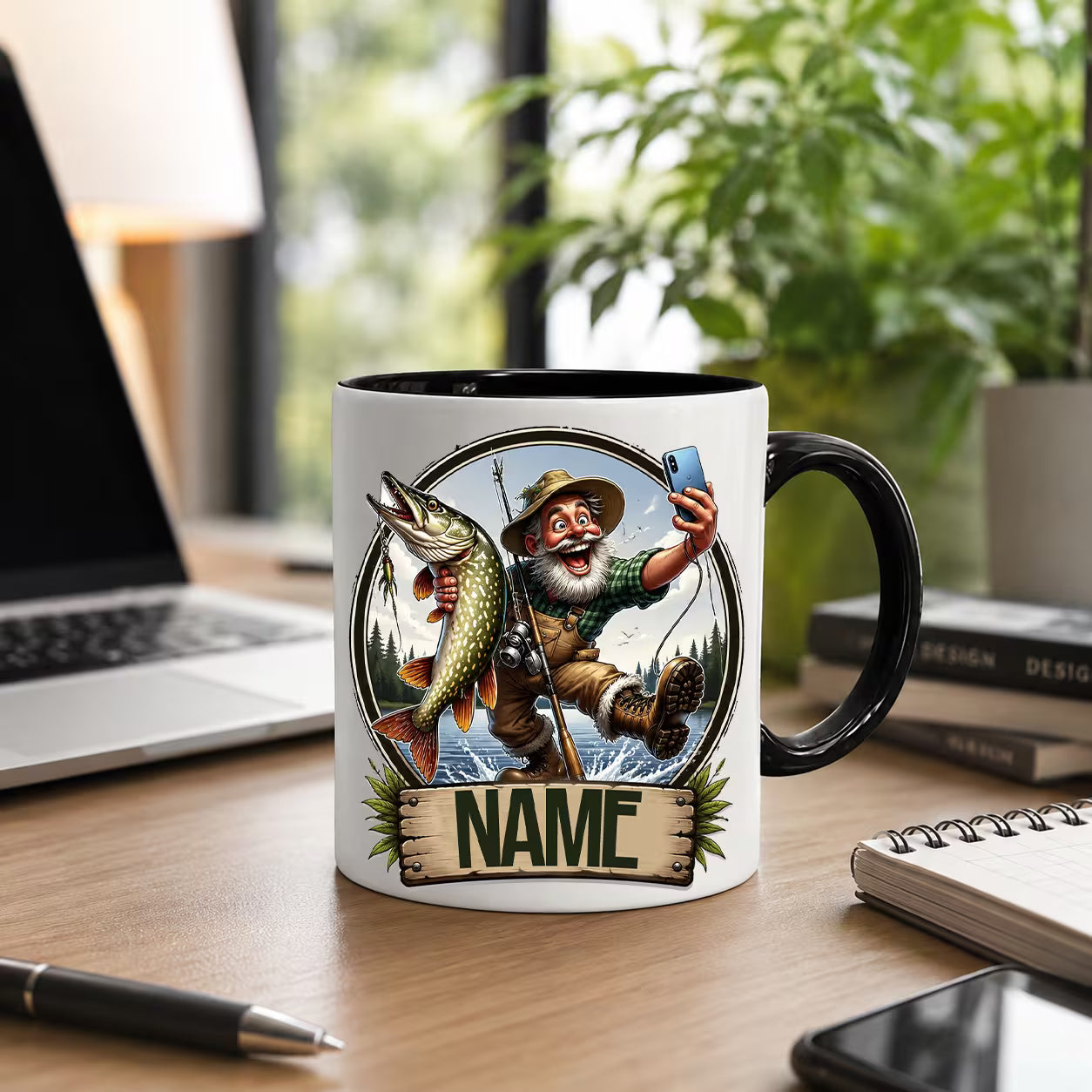 Personalized "Fishing Selfie" Fisherman Ceramic Black Coffee Mug – Custom Name Angler Gag Gift Cup (M1067)
