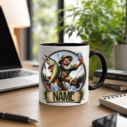 Personalized "Fishing Selfie" Fisherman Ceramic Black Coffee Mug – Custom Name Angler Gag Gift Cup (M1067)
