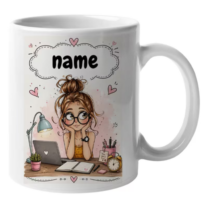 Personalized Cute Working Girl Custom Name Ceramic Coffee Mug – Student & Office Desk Illustration Novelty Cup (M1073)
