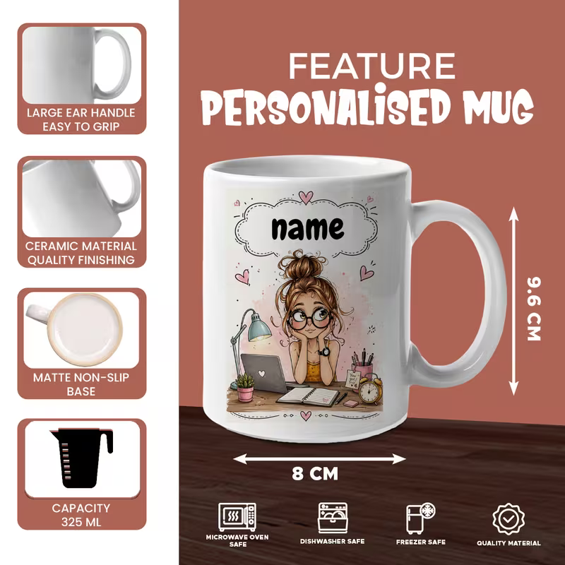 Personalized Cute Working Girl Custom Name Ceramic Coffee Mug – Student & Office Desk Illustration Novelty Cup (M1073)