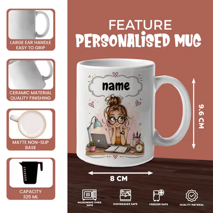 Personalized Cute Working Girl Custom Name Ceramic Coffee Mug – Student & Office Desk Illustration Novelty Cup (M1073)