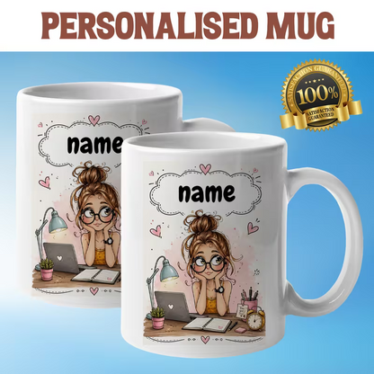 Personalized Cute Working Girl Custom Name Ceramic Coffee Mug – Student & Office Desk Illustration Novelty Cup (M1073)