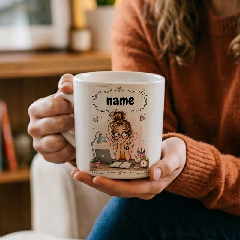 Personalized Cute Working Girl Custom Name Ceramic Coffee Mug – Student & Office Desk Illustration Novelty Cup (M1073)