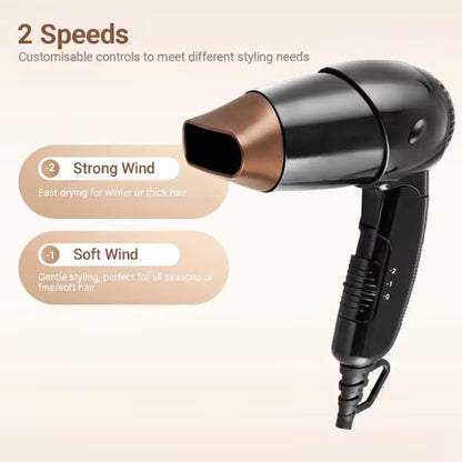 Compact Travel Hair Dryer 1200W | Foldable Handle & 2 Heat/Speed Settings
