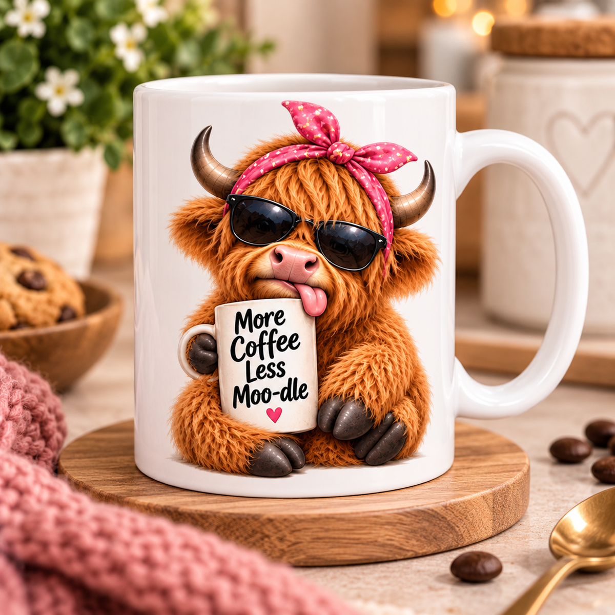 Sassy Mug Highland Cow "More Coffee Less Moo-dle" Ceramic Coffee Mug - Funny Farm Animal with Pink Headband & Sunglasses Tea Cup Gift 350ml | Available in Multicolours | Fast Dispatch by UK Seller (M1222)