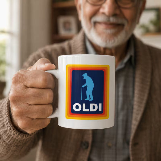 Funny "OLDI" Retro Supermarket Parody Ceramic Coffee Mug – Elderly Man Grocery Gag Gift Cup (M1046)