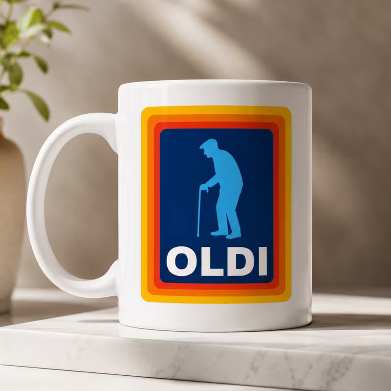 Funny "OLDI" Retro Supermarket Parody Ceramic Coffee Mug – Elderly Man Grocery Gag Gift Cup (M1046)