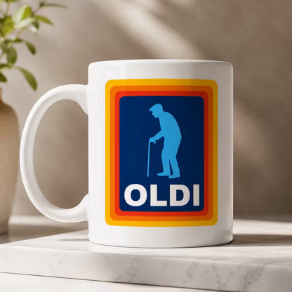 Funny "OLDI" Retro Supermarket Parody Ceramic Coffee Mug – Elderly Man Grocery Gag Gift Cup (M1046)