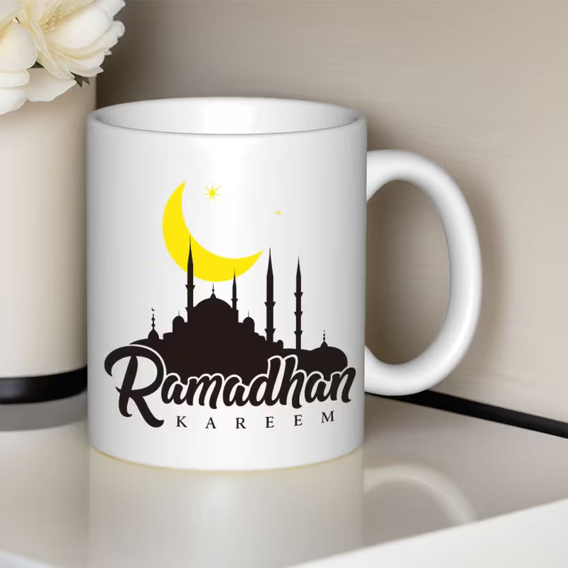 "Ramadhan Kareem" Mosque & Crescent Moon Ceramic Coffee Mug – Elegant Islamic Holiday Gift Cup (M1037)