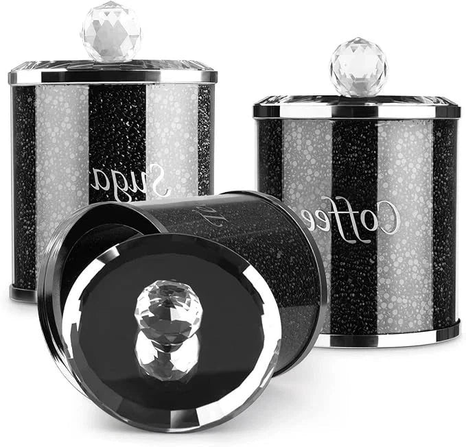 3pc Crushed Diamond Tea Coffee Sugar Jars Silver Glass Kitchen Canister UK