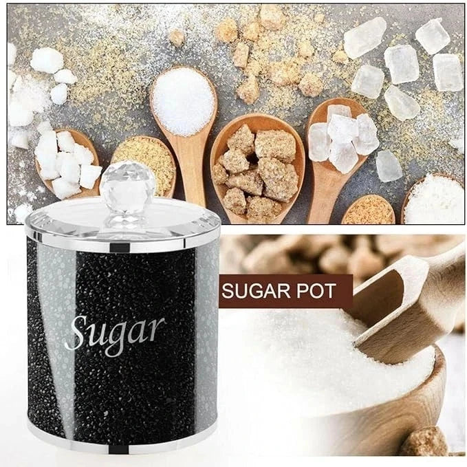 3pc Crushed Diamond Tea Coffee Sugar Jars Silver Glass Kitchen Canister UK