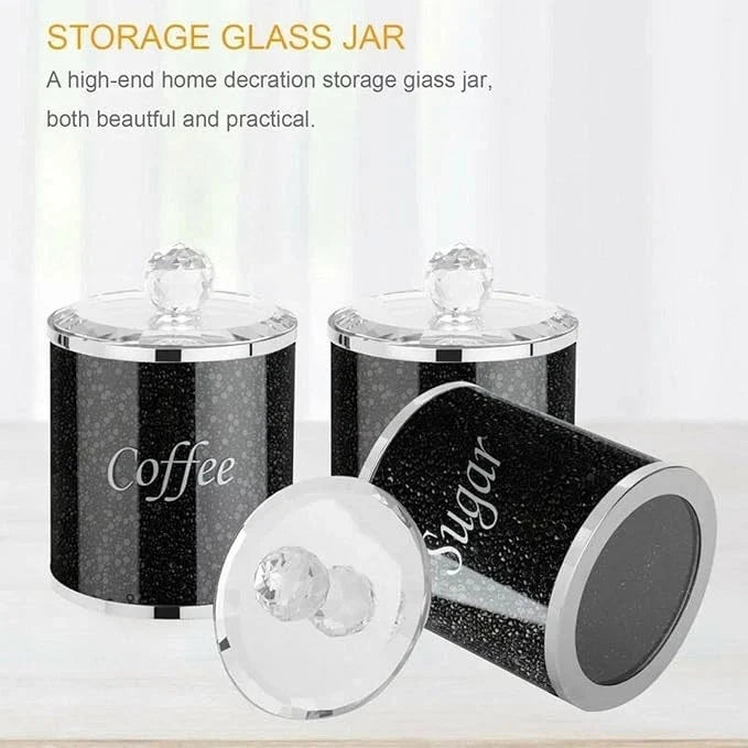 3pc Crushed Diamond Tea Coffee Sugar Jars Silver Glass Kitchen Canister UK