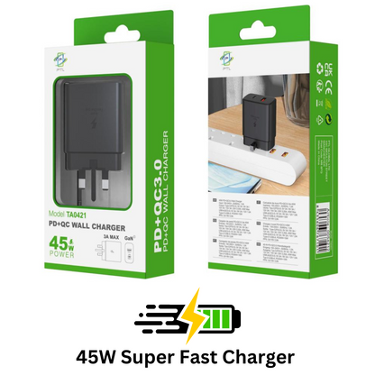 45W GaN Fast Wall Charger Plug with Type-C to Type-C Cable Kit | Dual Port PD & QC3.0 UK 3-Pin Power Adapter